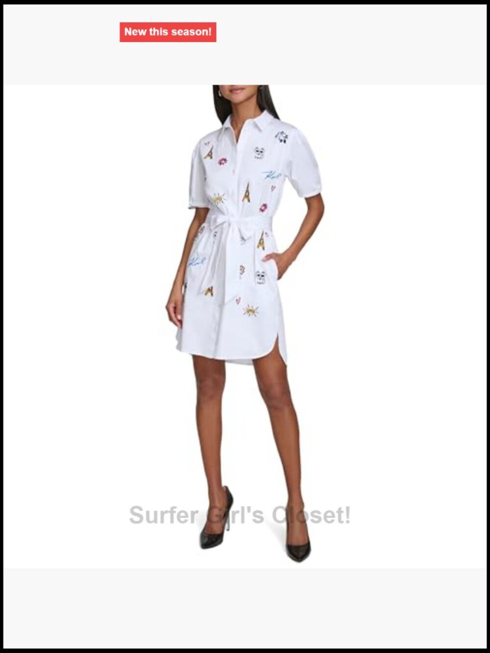 Poplin Shirt Dress with Tie Waist, Short Sleeve Cotton, Fitted A-Line - Picture 2 of 6